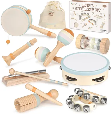 Produktbild von Montessori Holz Musikinstrumente Set 3 tlg, Xylofon und Trommel, für Kinder