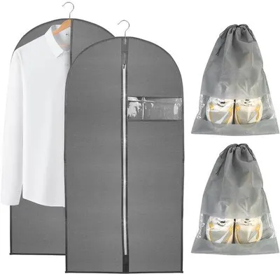 Produktbild von Kleiderboxen 2-teilig lang 120 cm x 60 cm & 2 Schuhbeutel, Kleiderboxen mit Reißverschluss, wasserdichte Kleiderboxen für Anzüge und Hemden (grau)