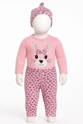Produktbild von Mädchen Outfit, 3er Set, Body, Hose, Mütze, 100 % Baumwolle, Rosa, Größe: 68-74