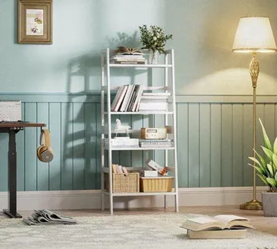Produktbild von Leiterregal, 4-stufig, weiß - 125 cm hoch - Bambusholz - Freistehend - Bücherregal - Ablage - Modern, minimalistisch