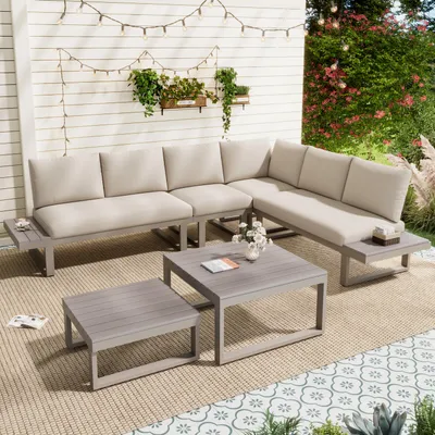 Produktbild von Merax Gartenmöbel-Set Eckstellung, verstellbare Neigung (bis 55°), verzinkte Stahlrohre, Kunststoffholz-Tischplatte, 2 Couchtische, Beige+Khaki
