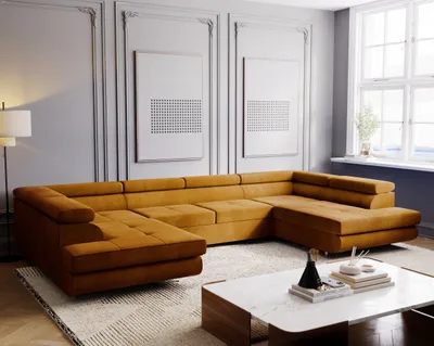 Produktbild von E-ZIMPAZ Ecksofa mit Schlaffunktion und Bettkasten MONTANA XL Eckcouch U-Form Sofa Wohnzimmersofa XXL Wohnlandschaft Couchgarnitur - Gelb MH 48