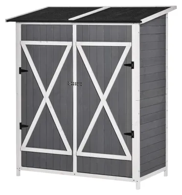 Produktbild von Outsunny Gartenschrank Geräteschuppen mit 2 Tür Asphaltdach Tannenholz Grau+Weiß