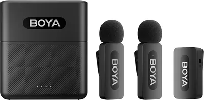Zdjęcie produktu dla BOYA BY-V35 One-Trigger-Two Bezprzewodowy system mikrofonowy 2.4G Wielokierunkowy mini mikrofon klapowy Automatyczne parowanie Inteligentne tłumienie szumów Zasięg transmisji 100 m z etui ładującym do kamery 3,5 mm
