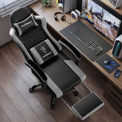 Obrázek produktu pro Herní židle s podnožkou a polštáři, ergonomická, s nastavitelnou výškou, otočná, černá a šedá