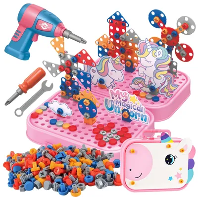 Produktbild von Einhorn Konstruktionsspielzeug 228 Teile, Montessori Werkzeugkasten mit Elektroschrauber, 3D Mosaik Steckspiel ab 3 Jahren, EVI TOYS Unicorn