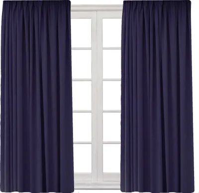 Two navy blue curtains are shown hanging in front of a white-paned window.