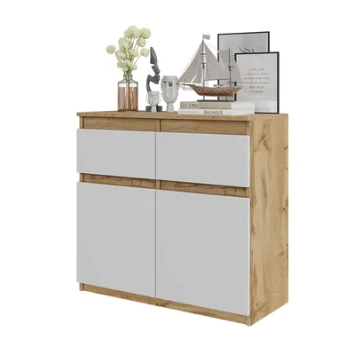 Produktbild von Kommode 80 cm Eiche Wotan / Weiß Matt, 2 Schubladen, 2 Türen, 2 Einlegeböden, Wohnzimmer