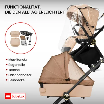 Produktbild von BabyLux® Kinderwagen 4in1 Set ROSSO, Silber, Faltbar Leicht Kombikinderwagen Set incl. Babywanne, Reisebuggy, Kindersitz i-Size, Auto Basisstation