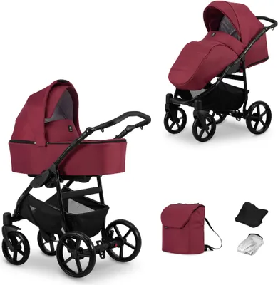 Produktbild von Kinderwagen MATA Sportwagen Babywagen Babyschale Komplettset Kinder Wagen Set 2 in 1 (maroon, Rahmenfarbe: Schwarz)