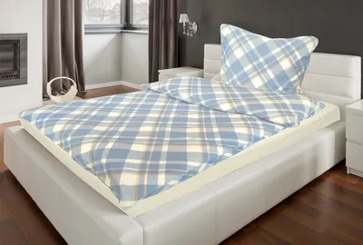 A neatly made bed with blue and white plaid bedding in a bedroom setting.