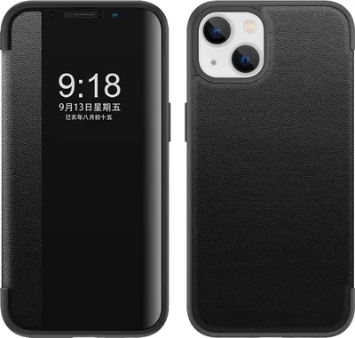 Image de Étui pour iPhone 14 Plus étui fin en cuirPolyuréthaneavec fenêtre d'affichage noir