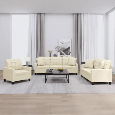 Produktbild von vidaXL 3-tlg. Sofagarnitur mit Kissen Creme Kunstleder