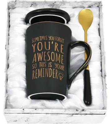 Productafbeelding van Koffiemok met de tekst "You Are Awesome" (400 ml), zwart, keramiek, inclusief cadeauverpakking, lepel en deksel