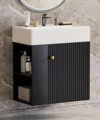 Produktbild von YORBAY Waschtisch Badmöbel Waschtischunterschrank Waschbecken mit Waschtisch 55 cm Keramik mit Unterschrank für kleine Badezimmer Schwarz