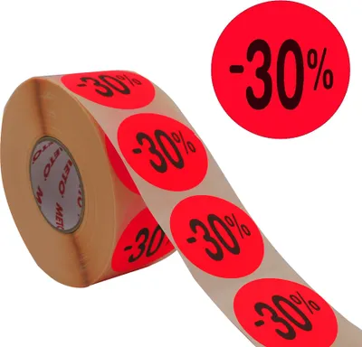 Produktbild von METO Promo-Etiketten "-30%" rund rot fluor 1 Rolle à 1.000 Etiketten