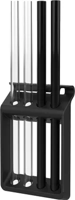A black stand holding four test tubes, two clear and two black.