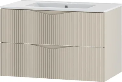Produktbild von Badezimmer Waschtisch mit 80 cm Breite in beige mit gerillter Front, 2 Schubladen - CALURI-140
