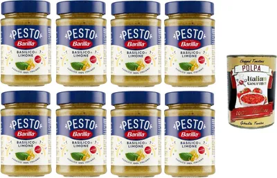 Produktbild von Barilla Pesto Basilico e Limone Condimento e Sugo per Pasta Basilikum-Zitronen-Pesto-Gewürz und Pastasauce 8x190gr + Italian Gourmet polpa 400g