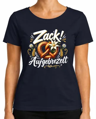 Productafbeelding van Zack! Bayersische pretzel, Wiesn (Oktoberfest) traditionele kleding, dames T-shirt, marineblauw, maat XL