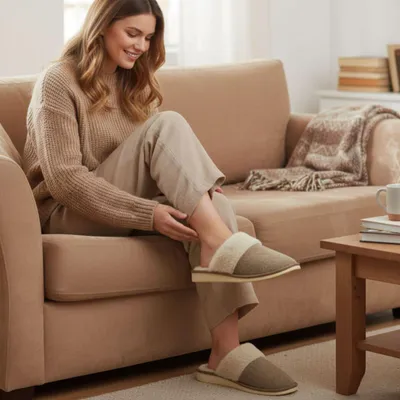Obrázek produktu pro Dámske luxusné béžové filcové papuče ISABELA