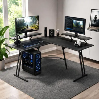 Zdjęcie produktu dla ACXIN – Biurko narożne gamingowe, kształt L, 140 cm, z/bez uchwytu na monitor, płyta MDF o grubości 1,5 cm, maksymalne obciążenie 100 kg, idealne do pracy w domu