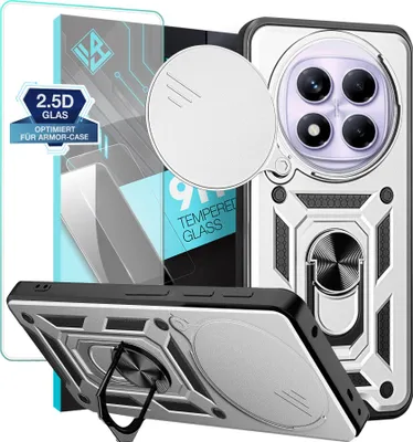 Produktbild von Armor Handyhülle für Xiaomi Redmi Note 14 Pro mit 9H Displayglas Displayschutz Kameraschutz Handy Panzer Case Cover Schutzhülle Outdoor Farbe: Silber
