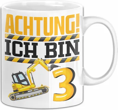 Produktbild von 3. Geburtstag Geschenk Tasse Becher Jungs Baustelle Geburtstagsgeschenk Achtung Ich Bin 3 (Weiß)