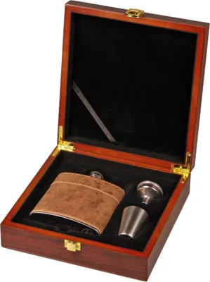 Produktbild von Hauser Flachmann Geschenkset Edelstahl mit braunem Leder, 180 ml, 4-teilig