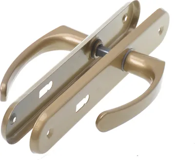 A pair of gold-colored door handles with backplates, shown against a white background.