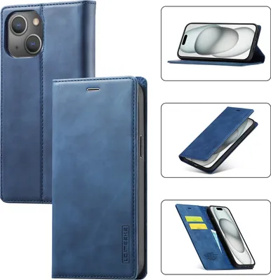 Image de Étui en cuir pour iPhone 15 Plus, avec fonction support et porte-cartes, étui portefeuille bleu