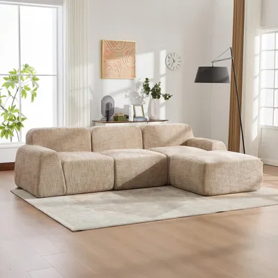 Produktbild von okwish Modulares Sofa Dreisitzer Ecksofa mit Armlehnen Wohnzimmersofa Schlafsofa mit rutschfester Unterseite Loungesofa leicht zu bewegen Chenille-Stoff Hellkhaki