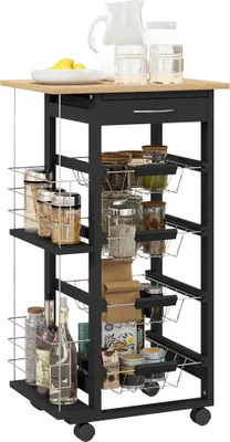 Image de Chariot de cuisine à roulettes - Chariot de service polyvalent - 1 tiroir - 4 paniers métalliques amovibles - Structure métallique - 47×37×83 cm - Noir