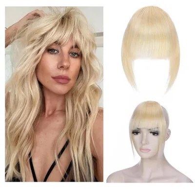 Immagine prodotto di Frangia clip-on in capelli veri Remy, leggermente ondulata, colore biondo platino (#613), con ciuffi laterali