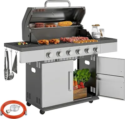 Produktbild von Gasgrill 6 Brenner BBQ 8500BTU Grillwagen Edelstahl 143x55x110 cm Silber