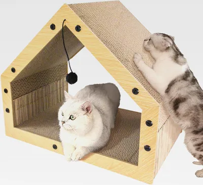 Produktbild von Kratzpappe für Katzen Groß XXL mit Ball, Hausform Kratzbretter Katze, Betten, Kratzspielzeug & Kratzmöbel aus Hochwertiger Wellpapier, 40x30x40cm