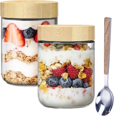 Imagen del producto de Frasco de vidrio con tapa de bambú, 500 ml, con cuchara, ideal para yogur y ensaladas
