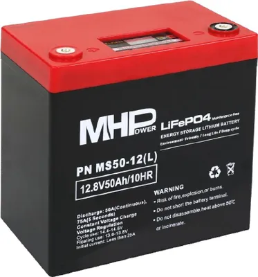 Obrázok produktu pre MHPower MS50-12(L) Lítiová batéria LiFePO4 12 V/50 Ah, terminál LC5 – M8; MS50-12(L)