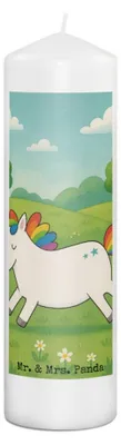 Produktbild von Mr. & Mrs. Panda Stumpenkerze Einhorn Happy Design 29 x 8 cm XL - Weiß - Geschenk, Lachen, Einhörner, Lächeln, Unicorn, Wachskerze, Blockkerze, Erinnerungskerze, Kerze