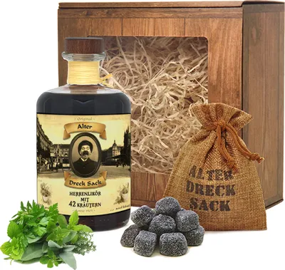Produktbild von Geschenkbox Alter Dreck Sack Herren Likör mit 42 Kräutern 0,5L Kräuterlikör Kräuterschnaps 32% Vol