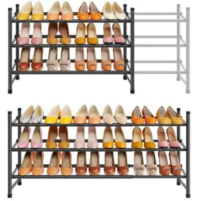 Zdjęcie produktu dla Półka na buty wysuwana, 3 poziomy, czarna, szerokość 73-106 cm