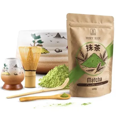 Produktbild von Mary Rose - Matcha Tee Set Pulver 100g - Keramik Matchawan Schale 500ml & Ständer - Bambus Chasen Besen Zubehör - Traditionelle Teezeremonie