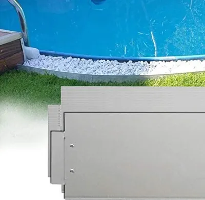 A metal garden edging product is shown next to a pool, with grass and white stones.