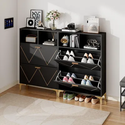 Zdjęcie produktu dla Zestaw 2 szafek na buty Merax z 2 składanymi drzwiami i metalowymi nogami, szafka do przedpokoju z 4 schowkami na buty, 2 półotwarte półki, materiał MDF, czarny
