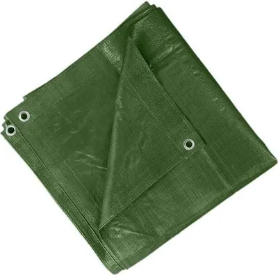 A folded green tarp on a white background.