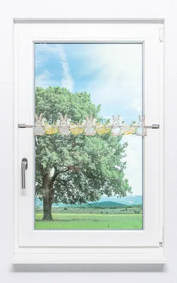 Produktbild von Scheibengardine Plauener Spitze - Osterhasenbande #1W (BxH) 140cm x 11cm gelb-grün