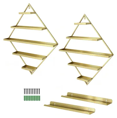 Produktbild von Nagellackregale - Wandmontierte Aufbewahrung - 5 Regalböden - Rautenförmig - Eisen - 2er-Set - Gold