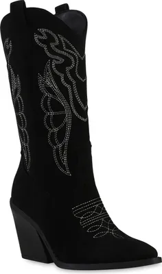 Produktbild von VAN HILL Damen Cowboystiefel Stiefel Spitze Stickereien Western Schuhe 840906, Farbe: Schwarz Velours, Größe: 37