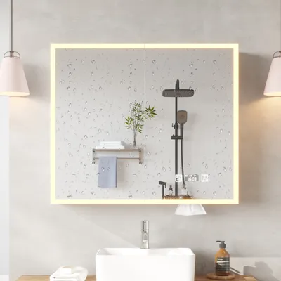 Produktbild von FCH Spiegelschrank, LED, 80x15,5x70cm, Touch Doppeltüren, 7 Ablagen,  Zeit- und Temperaturanzeige, dreifarbiger Beleuchtung, Rasiersteckdose, Weiß