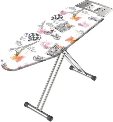 A white ironing board with a decorative pattern of Parisian landmarks and bicycles.